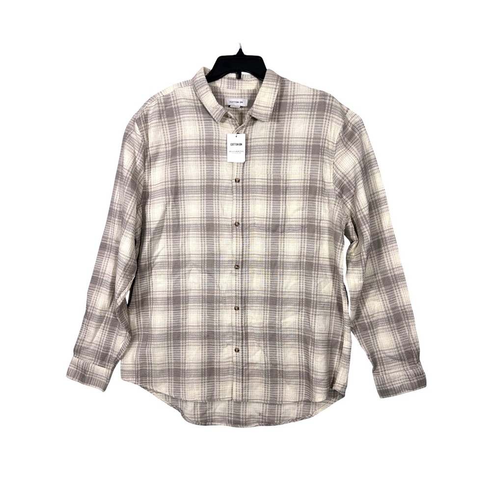 Cotton On Men's Gray Plaid‎ Long Sleeve Button Up Shirt 2XL Cotton Grunge Work